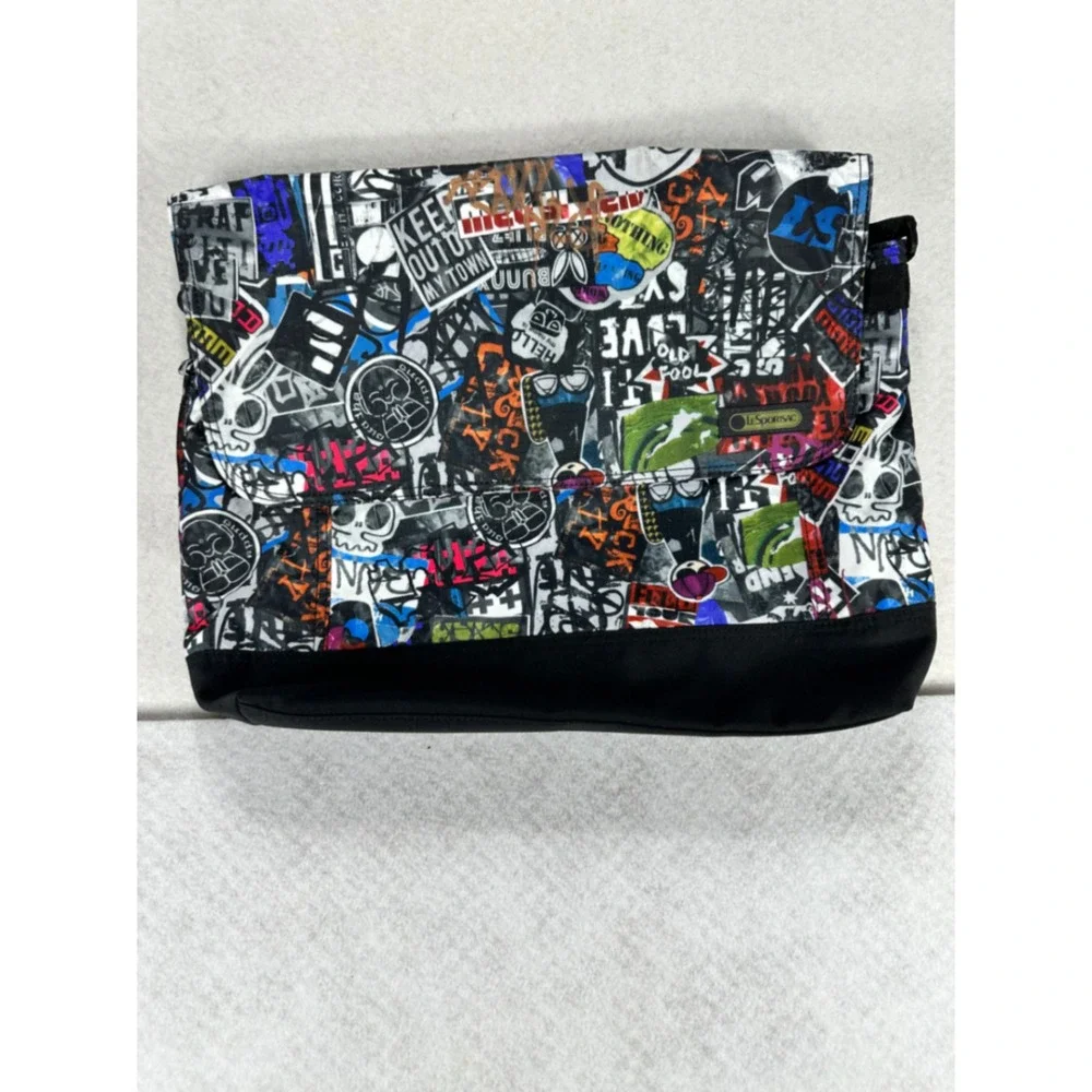 LeSportsac Graffiti Sticker Bomb Messenger Bag Black Multi Ripstop Crossbody